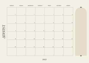 August calendar and monthly planner, layout featuring a grid format for productivity and organization