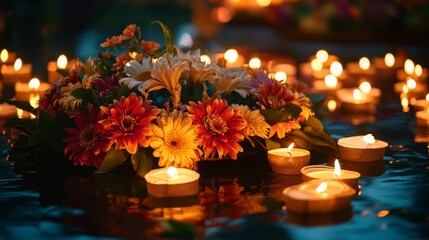 Beautiful flower arrangement floating on water with candles and lanterns at night during the Loi Krathong festival