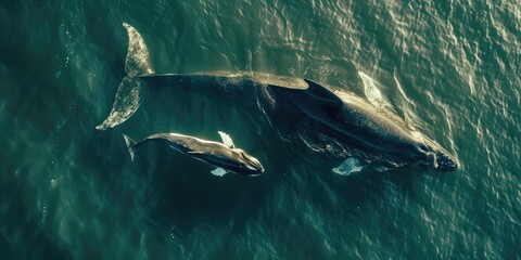 Obraz premium Aerial view of mother whale and her calf