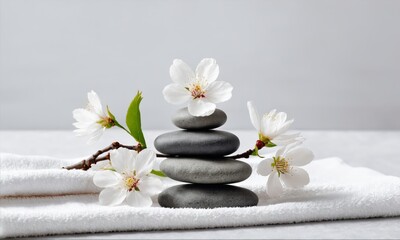 Stack of gray stones with white flowers on white towel