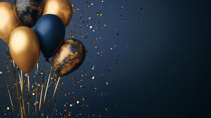 Vibrant navy blue and gold themed celebration with colorful balloons and glittering confetti, ideal for festive banners, posters, and background designs with space for custom text