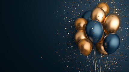 Vibrant navy blue and gold themed celebration with colorful balloons and glittering confetti, ideal for festive banners, posters, and background designs with space for custom text