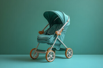 A stroller, isolated on a pastel green background, symbolizing the mobility and care of a growing child,