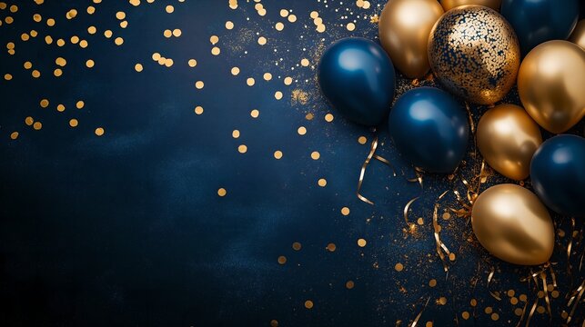 Vibrant navy blue and gold themed celebration with colorful balloons and glittering confetti, ideal for festive banners, posters, and background designs with space for custom text