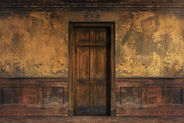 A worn-out wooden door in an old building with peeling paint, perfect for decorating a room or using as a background