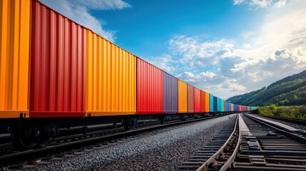 Obraz premium A freight train loaded with shipping containers, illustrating the backbone of goods transportation across regions