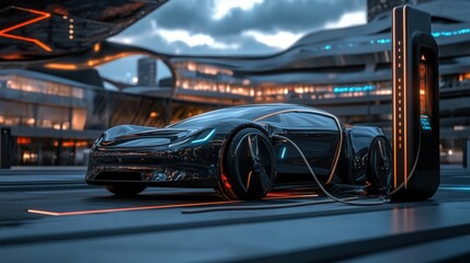 Obraz premium A futuristic electric car charging at a station, representing the advancements in eco-friendly transportation technology