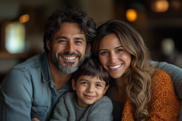 portrait happy hispanic couple and preschool son sit on sofa at home together.