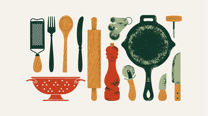 Various kitchen utensils. Pepper pot with grater and colander with wooden spoon and various knives. 