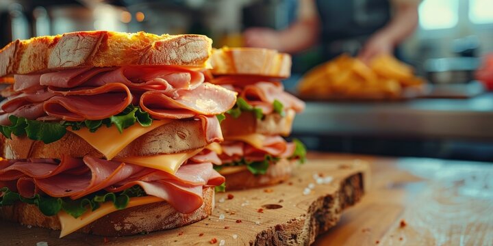 Sandwiches with ham and cheese being prepared by the chef on a kitchen table Empty space for a recipe or menu design A mouth watering concept for fast food or street food