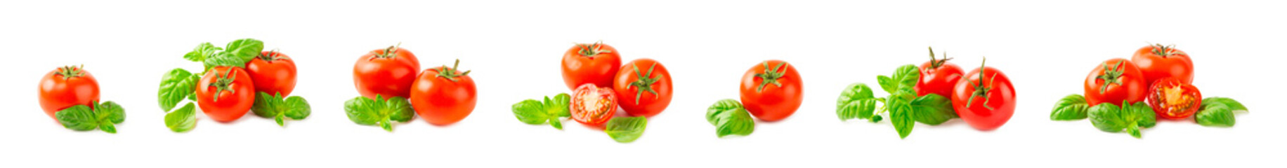 Fresh cherry tomatoes and fresh green basil isolated on white background. Tomato slices. Tomato sauce. Vegan. Ingredients for salad. Organic food. Place for text. Copy space.