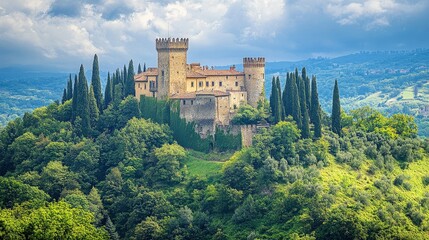 A historic castle perched on a hilltop, surrounded by lush greenery,