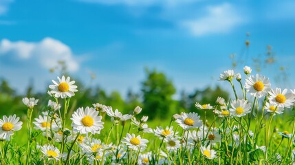Daisies in a Field with Blue Sky.