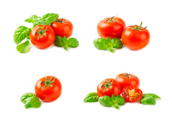 Fresh cherry tomatoes and fresh green basil isolated on white background. Tomato slices. Tomato sauce. Vegan. Ingredients for salad. Organic food. Place for text. Copy space.