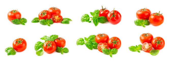 Fresh cherry tomatoes and fresh green basil isolated on white background. Tomato slices. Tomato sauce. Vegan. Ingredients for salad. Organic food. Place for text. Copy space.