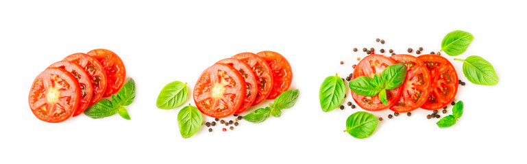 Fresh cherry tomatoes and fresh green basil isolated on white background. Tomato slices. Tomato sauce. Vegan. Ingredients for salad. Organic food. Place for text. Copy space.