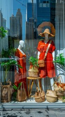 Mannequins showcase a summer collection with bright dresses and woven bags against a city skyline backdrop