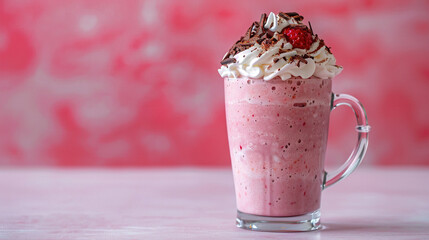 Strawberry milkshake with pink background. Food photography concept for advertisement, product display, copy space. 