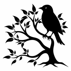 Silhouette of a big branch with bird vector illustration