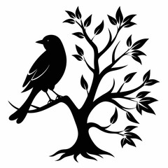 Silhouette of a big branch with bird vector illustration