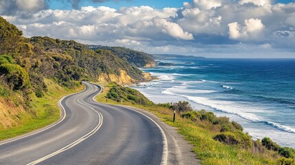 A scenic coastal drive with winding roads and stunning ocean views,