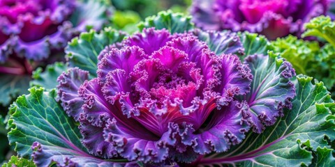 Vibrant purple kale features a stunning, deep purple center, elegantly framed by mature, sea-green leaves, showcasing nature's artistic beauty in a crisp, fresh display.