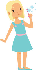 Girl blowing soap bubble. Cartoon kid toy