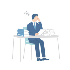 書類の山に頭を抱えるビジネスマン