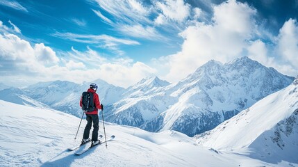 Skier standing on a snowy mountain slope with picturesque snow-capped peaks in the background under a blue sky with clouds.  Generative ai