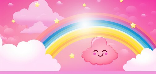 A pink background with a rainbow, fluffy clouds and stars.  A cute happy cloud sits under the rainbow.