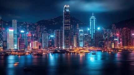 Fototapeta premium A vibrant city skyline at night, illuminated by dazzling lights, showcasing the dynamic energy of urban travel