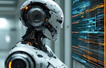 Fototapeta premium Close-up of a robotic head with a computer display behind it.