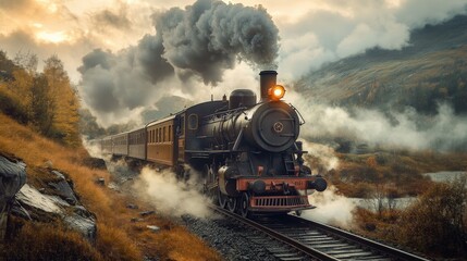 Fototapeta premium A vintage steam locomotive chugging along a scenic railway, capturing the nostalgia of historical train travel