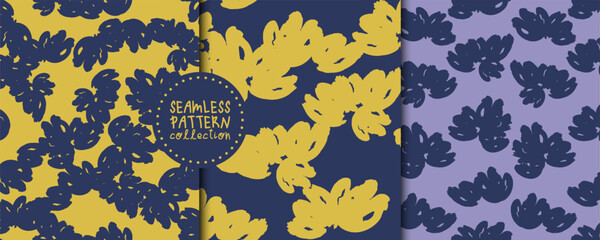 Set with seamless patterns with different abstract purple, yellow  flowers. Vector floral prints, designs, backgrounds