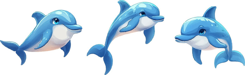 Naklejka premium Set of cute blue dolphin cartoons in various poses white background