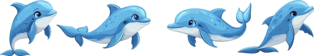 Set of cute blue dolphin cartoons in various poses white background