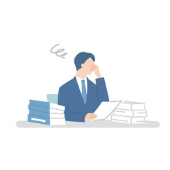 書類の山に頭を抱えるビジネスマン　上半身