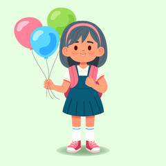 Cute school girl with backpack and baloons. Vector illustration