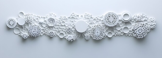 73. Floating geometric shapes with intricate patterns creating a sophisticated 3D design on a clean white surface.