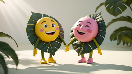 pink and yellow emoji smile faces with tree leaf dress