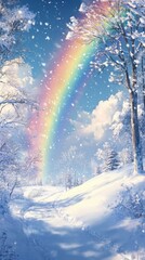 Winter Magic: anime-style Enchanted Rainbow Over a Snowy Landscape, the Perfect Canvas for 2025 Winter Sports, Christmas, New Year, and Spring Festival Promotions,Anime-Style,illustration,Picture Book