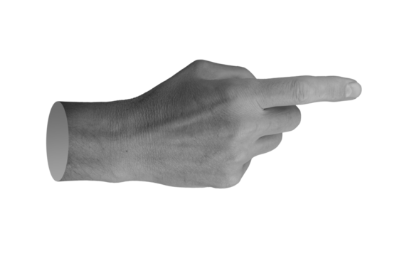 Finger pointing gesture, touching, showing. Index finger, pointer indicating aside, to right side. Hand sign, isolated on white background...