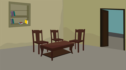 Indian village Drawing room vector illustration background for cartoon animation with table, chair and a door