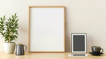 Poster mock up on a white wall with wooden frame, design, blank, template, presentation, decoration, background, layout