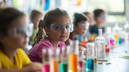 A bright and airy classroom filled with elementary students engaged in a hands-on science experiment, with test tubes, beakers, and safety goggles, under the guidance of an enthusiastic teacher,