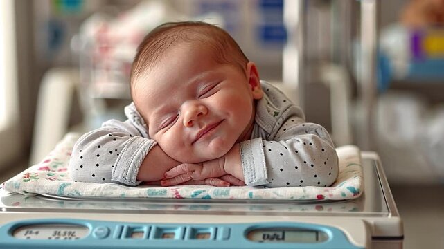 In the hospital, a newborn infant sleeps on a weight scale.