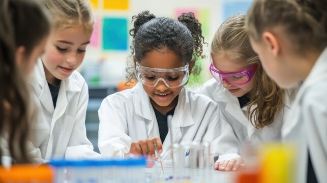 A small group of elementary students working on a hands-on science experiment, wearing lab coats and safety goggles, a teacher guiding them through the steps, expressions of curiosity and excitement, - Powered by Adobe