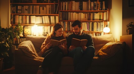 An adult couple sitting on a cozy couch at home, each reading a book, a warm lamp illuminating the room, a sense of relaxation and intellectual engagement, shelves filled with books in the