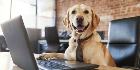 A Labrador dog in a tie happily working at a modern office desk setup