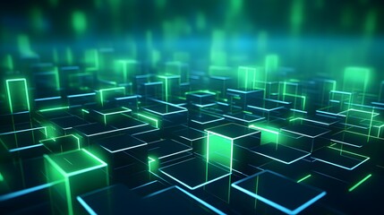 Obraz premium 3d rendering of mind green and blue abstract geometric background. Scene for advertising, technology, showcase, banner, game, sport, cosmetic, business, metaverse. Sci-Fi Illustration. Product display